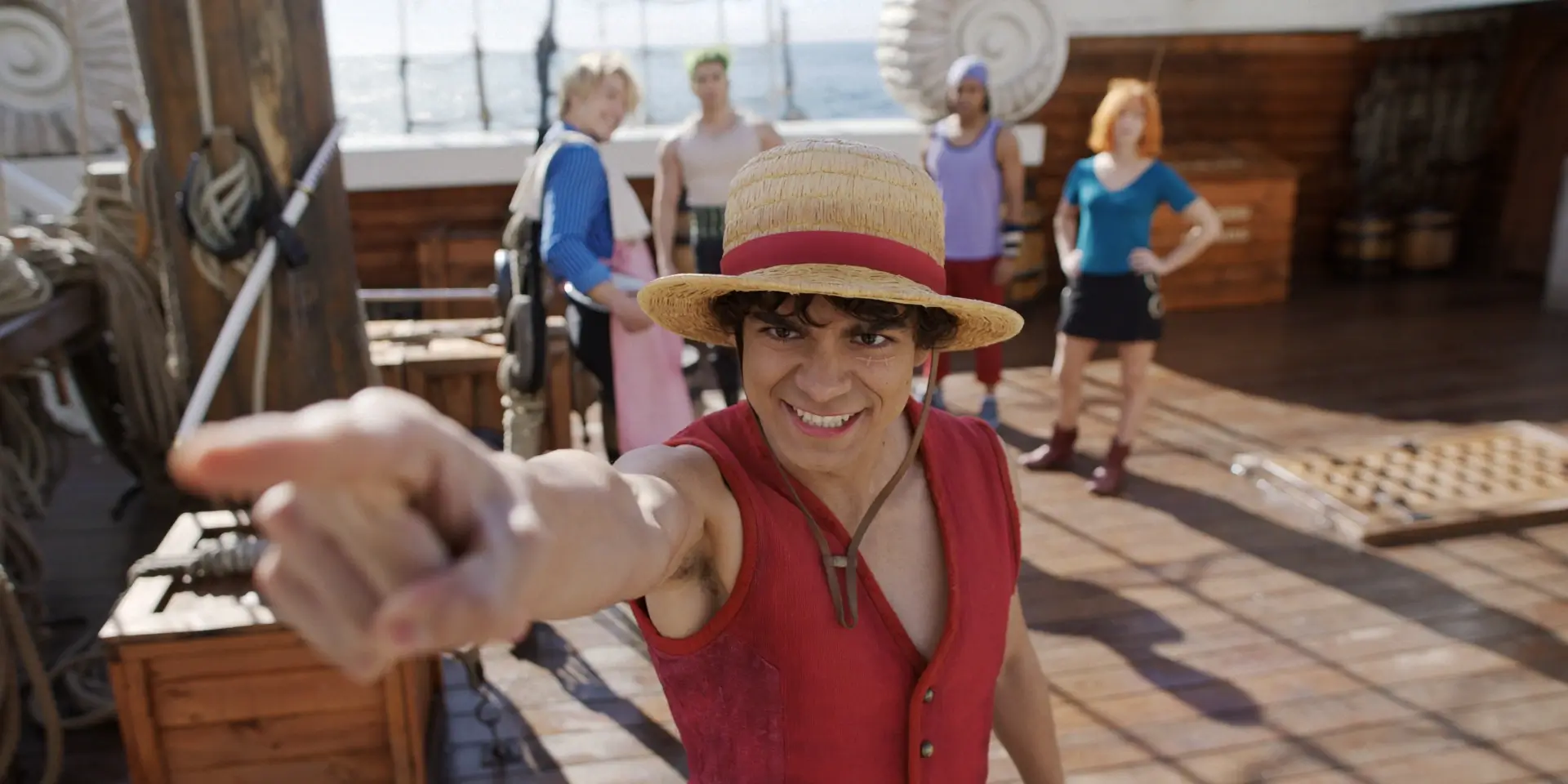 One Piece. (L to R) Taz Skylar as Sanji, Mackenyu as Roronoa Zoro, Iñaki Godoy as Monkey D. Luffy, Jacob Romero as Usopp, Emily Rudd as Nami in season 2 of One Piece. Cr. Courtesy Of Netflix © 2026