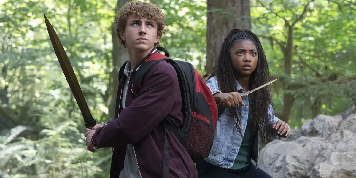 Walker Scobell and Leah Sava Jeffries take fighting stances in Percy Jackson and the Olympians S2 E1 - "I Play Dodgeball with Cannibals."