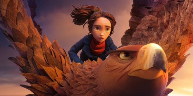 A girl riding the back of a giant hawk in Wildwood.