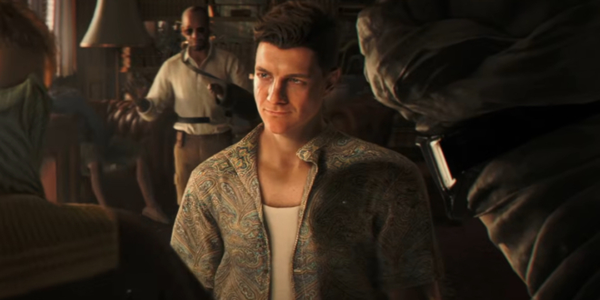 Patrick Gibson looks up at masked opponents with a smirk in 007 First Light.