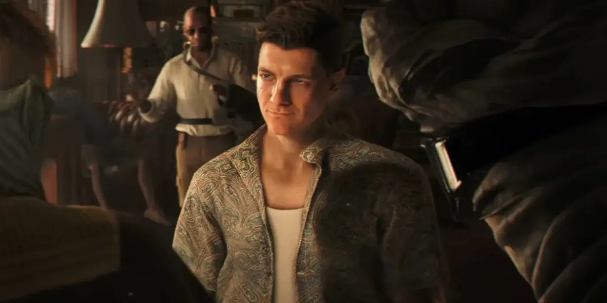 Patrick Gibson looks up at masked opponents with a smirk in 007 First Light.