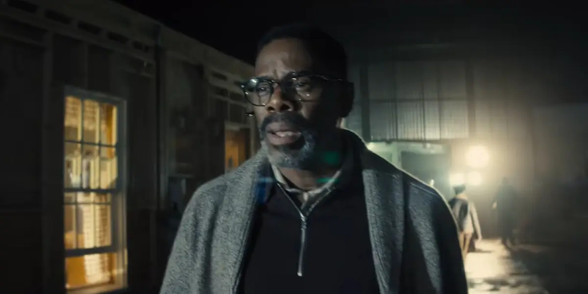 Colman Domingo walks on a film set as he talks on a headset in Disclosure Day.