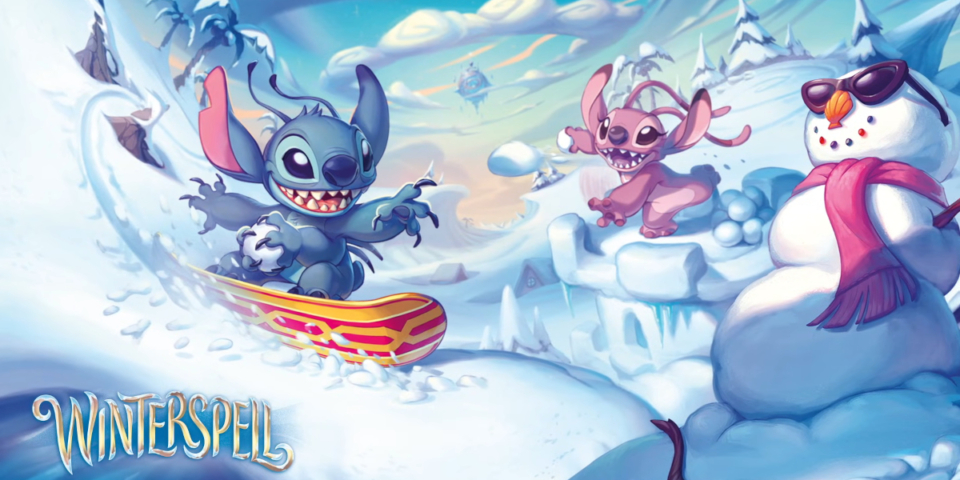 Angel throws a snowball at a snowboarding Stitch in the key art for Disney Lorcana - Expansion 11 - WinterSpell.