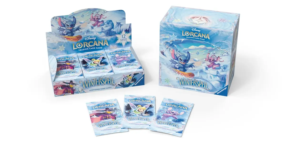 A booster box and Illumineer's Trove pictured for Disney Lorcana - Expansion 11 - WinterSpell.