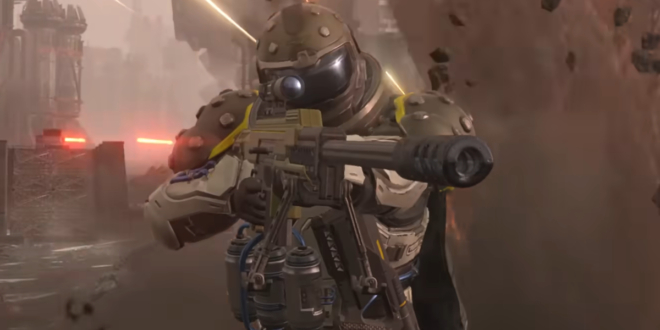 A Helldiver takes aim with a sniper rifle, on a chaotic battlefield, in Helldivers II.