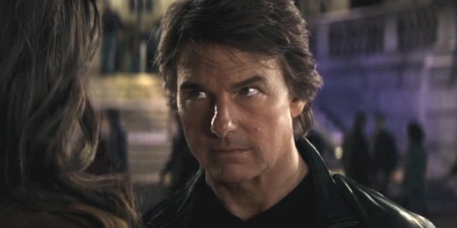 Tom Cruise pictured with a questioning look in the finale of Mission Impossible: The Final Reckoning.
