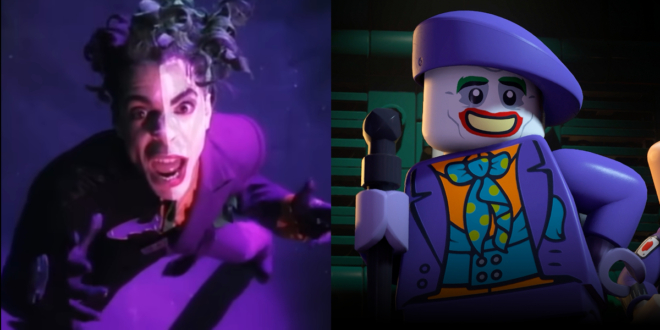 A screaming Prince from the Batdance music video, pictured next to Batman 89 Joker from LEGO Batman: Legacy of the Dark Knight.