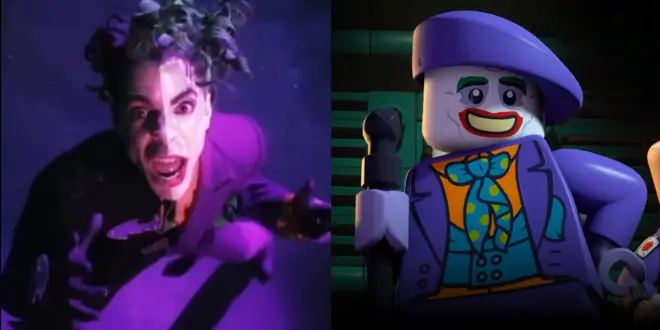 A screaming Prince from the Batdance music video, pictured next to Batman 89 Joker from LEGO Batman: Legacy of the Dark Knight.