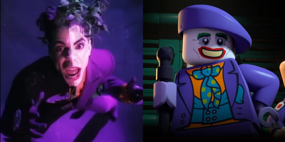 A screaming Prince from the Batdance music video, pictured next to Batman 89 Joker from LEGO Batman: Legacy of the Dark Knight.