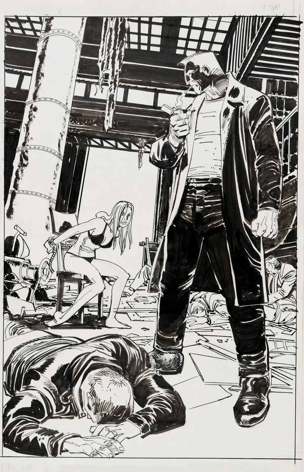Marv lights a cigarette in front of a captive woman, in a warehouse of carnage in Sin City.