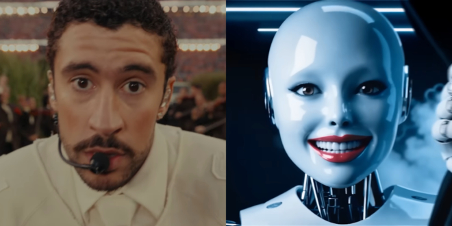 Bad Bunny and a Svedka robot pictured side by side from Super Bowl LX.