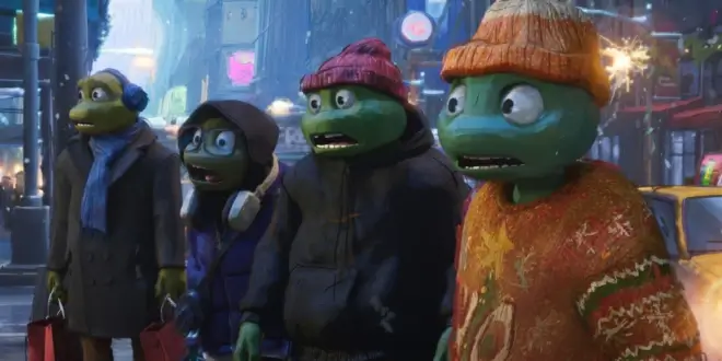 The Turtles stand shocked on a snowy New York street in Teenage Mutant Ninja Turtles: Chrome Alone 2 - Lost In New Jersey.