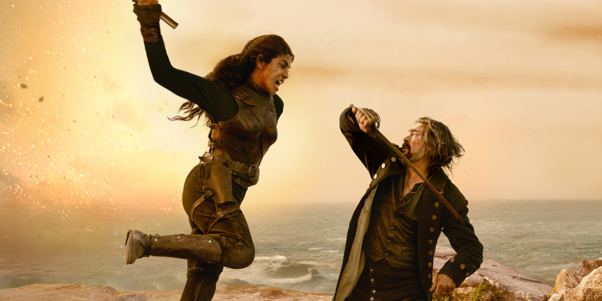 Priyanka Chopra Jonas leaps into attack against Karl Urban in The Bluff.