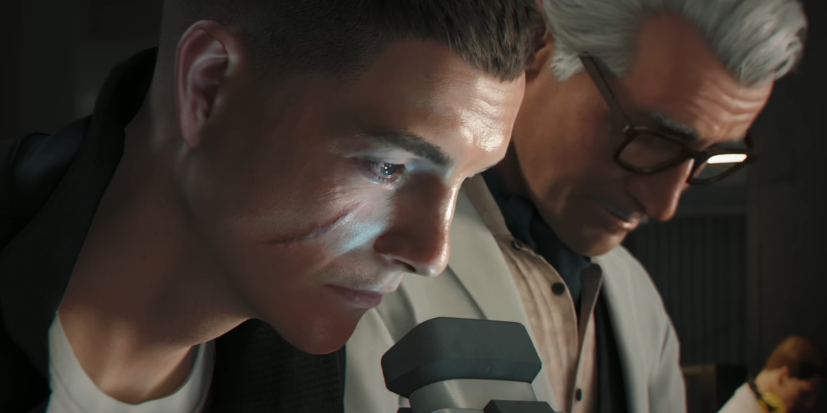 James Bond looks into a microscope with concern as Q stands next to him in 007: First Light.