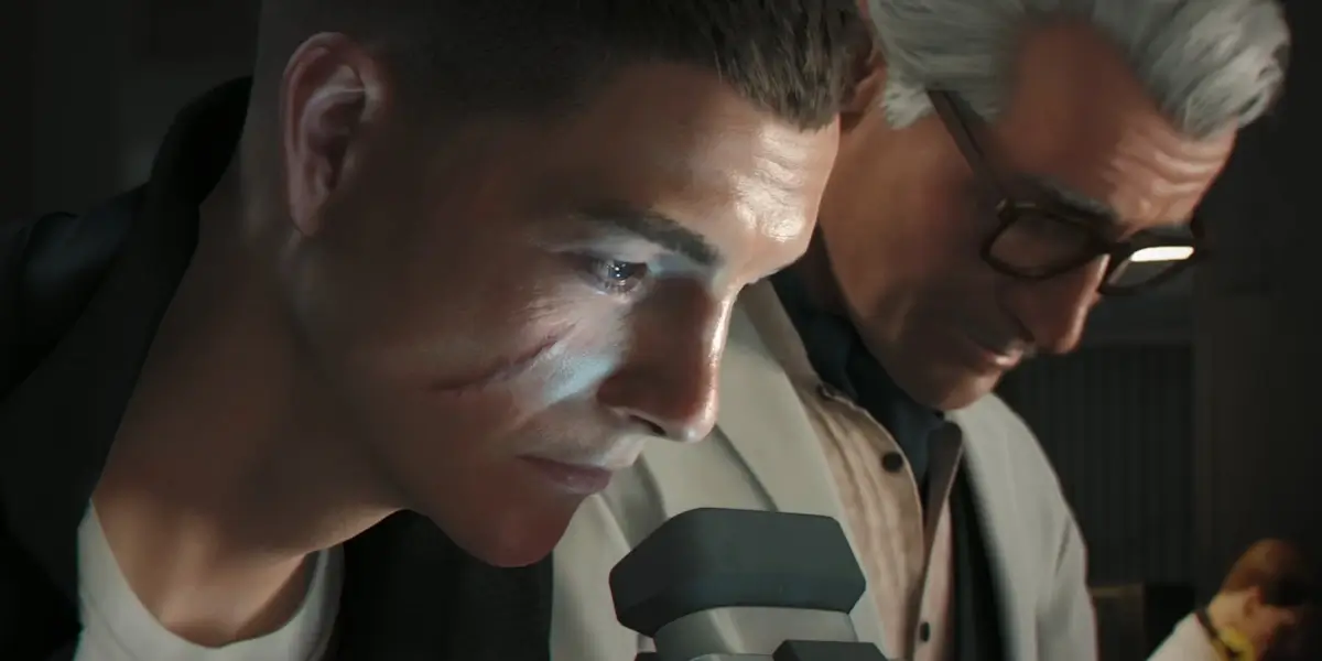 James Bond looks into a microscope with concern as Q stands next to him in 007: First Light.