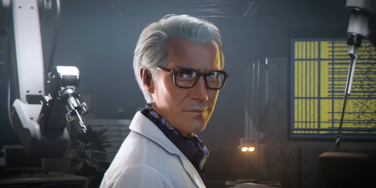 Q stands in the lab and looks over his shoulder with a sly smile in 007: First Light.