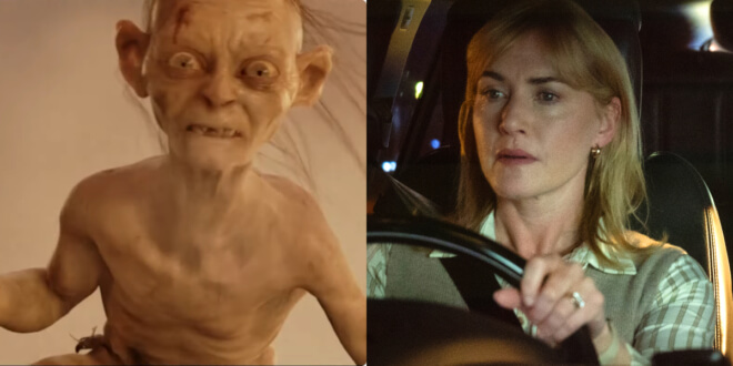 An angry Gollum from Lord of the Rings: Return of the King, pictured next to a serious Kate Winslet behind the wheel in Goodbye June.