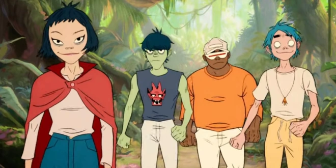 Gorillaz walking together in the forest in The Mountain, The Moon Cave and The Sad God.