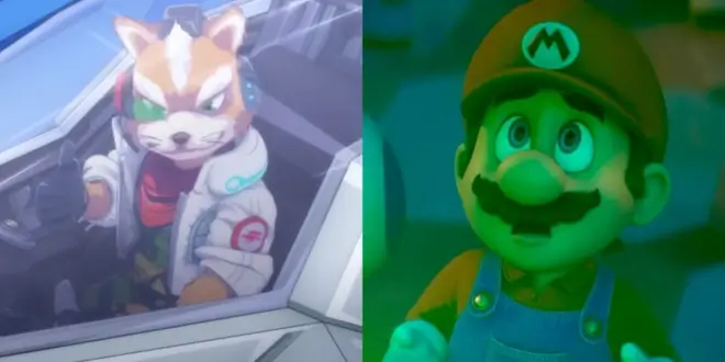 Fox McCloud gives a thumbs up from his cockpit in the Star Fox Zero anime, pictured next to a concerned Mario bathed in green light in The Super Mario Galaxy Movie.