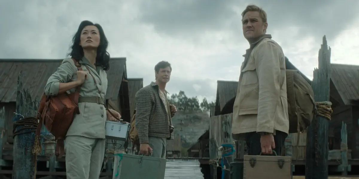 Mari Yamamoto, Anders Holm, and Wyatt Russell look ahead with curiosity in Monarch: Legacy of Monsters - S2 E1 "Cause and Effect."