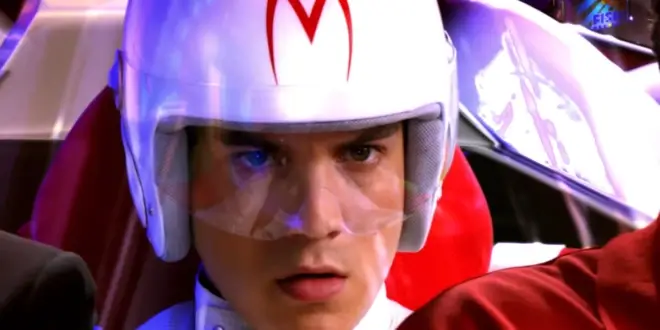 Emile Hirsch looks ahead with motivation in the Mach 5 cockpit in Speed Racer.