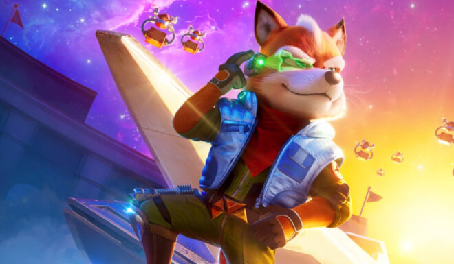A closer shot of Fox standing on his R-Wing in The Super Mario Bros Galaxy Movie.