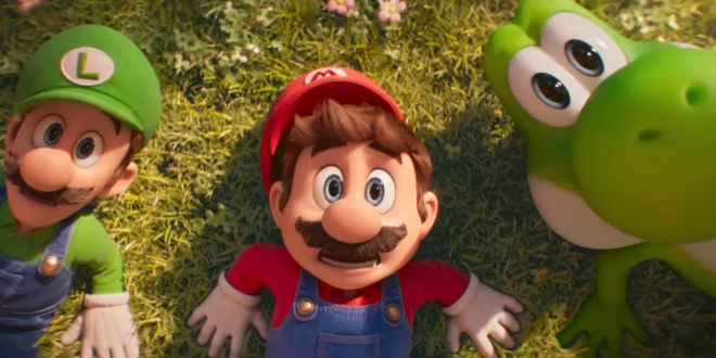Luigi, Mario, and Yoshi look up in shocked concern in The Super Mario Galaxy Movie's final trailer.