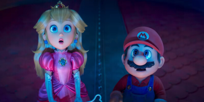 An awestruck Princess Peach and Mario look up at a starry sky in The Super Mario Galaxy Movie.
