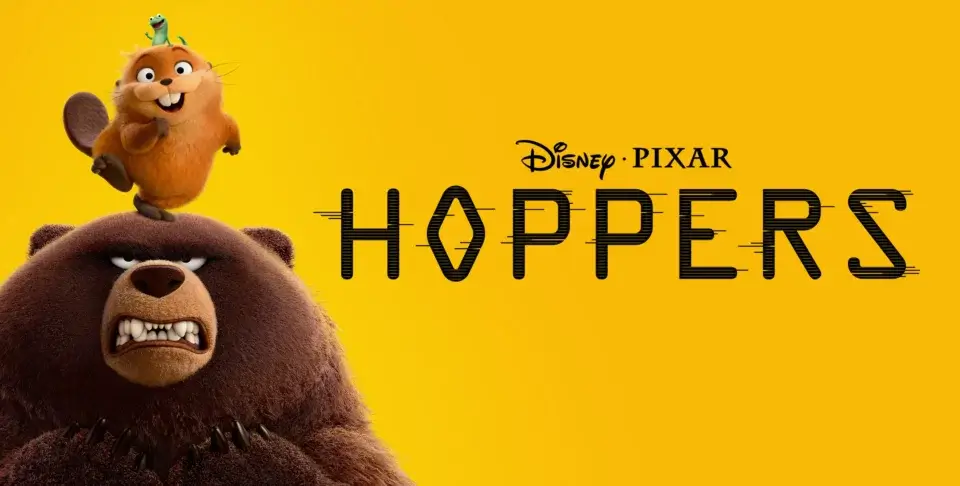 An animated lizard sitting on the head of a beaver sitting on the head of a bear next to the Disney Pixar Hoppers logo.