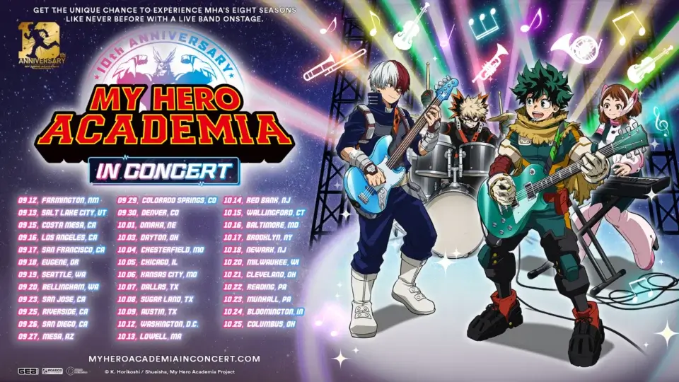 A list of My Hero Academia concert dates next to the characters playing in a band.