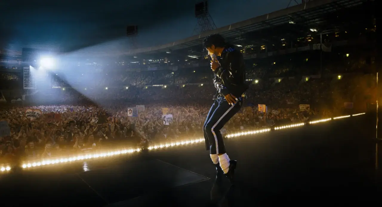 Jaafar Jackson as Michael Jackson on the Bad World Tour in Michael (2026). 