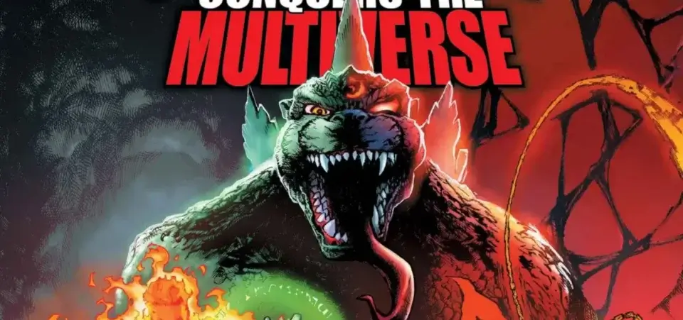 A close up on a comic drawing of Godzilla's face with mouth open.