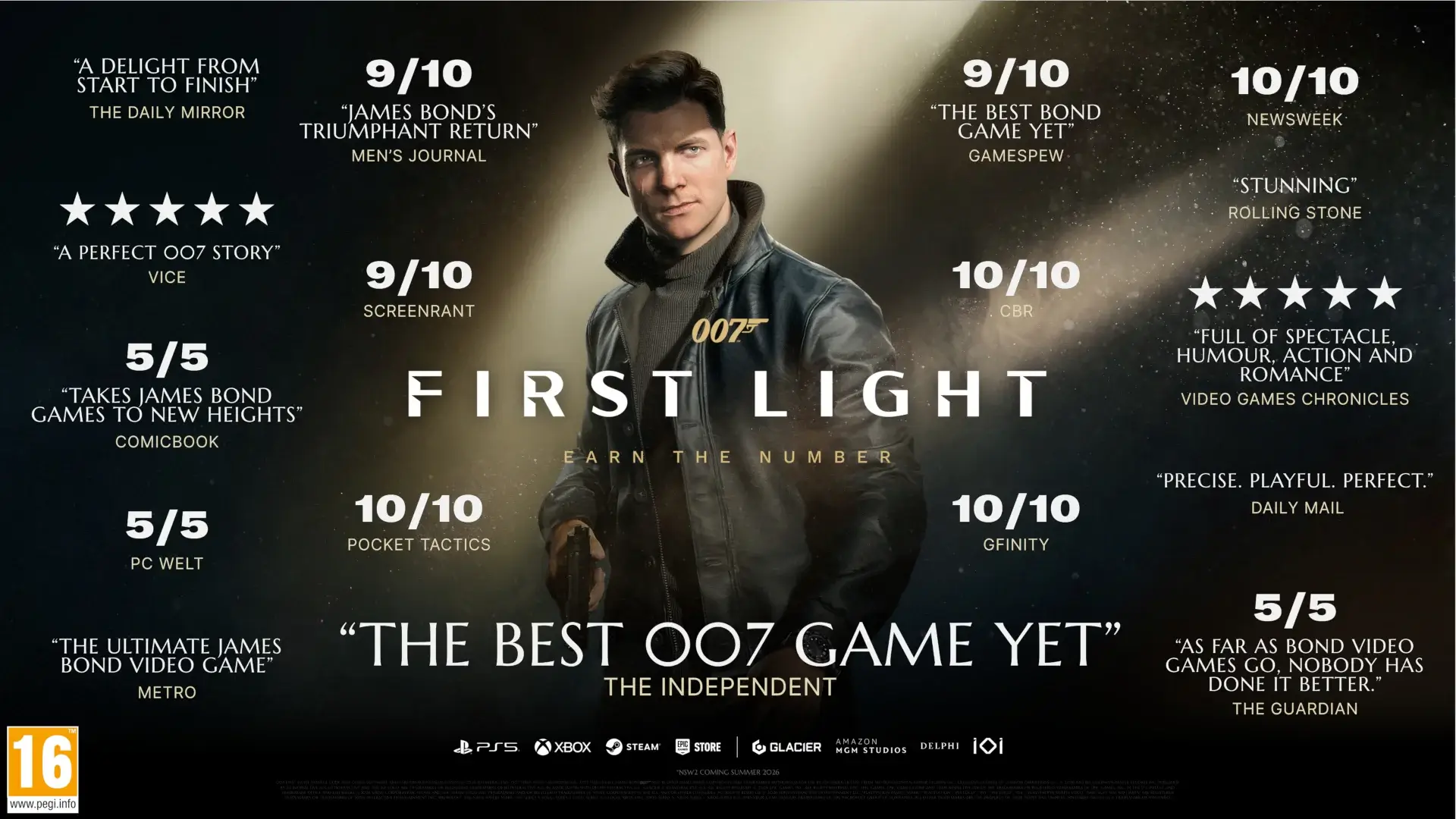 An alternate version of 007 First Light's key art, showing off critical accolades.