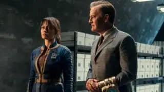 A wary Ella Purnell looks ahead as Kyle MacLachlan sternly watches in Fallout Season 2, Episode 7 - "The Handoff."