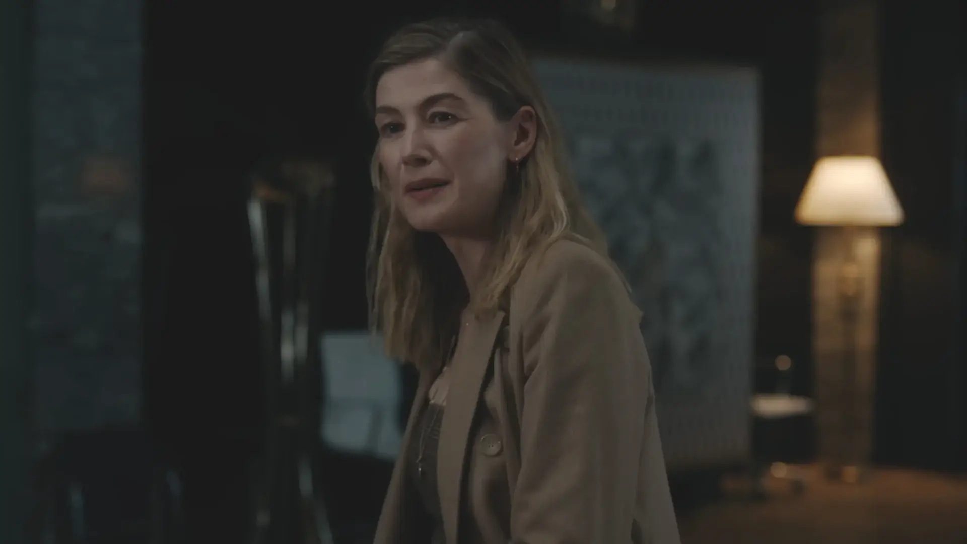 A skeptical Rosamund Pike stands during a conversation scene for In the Grey.