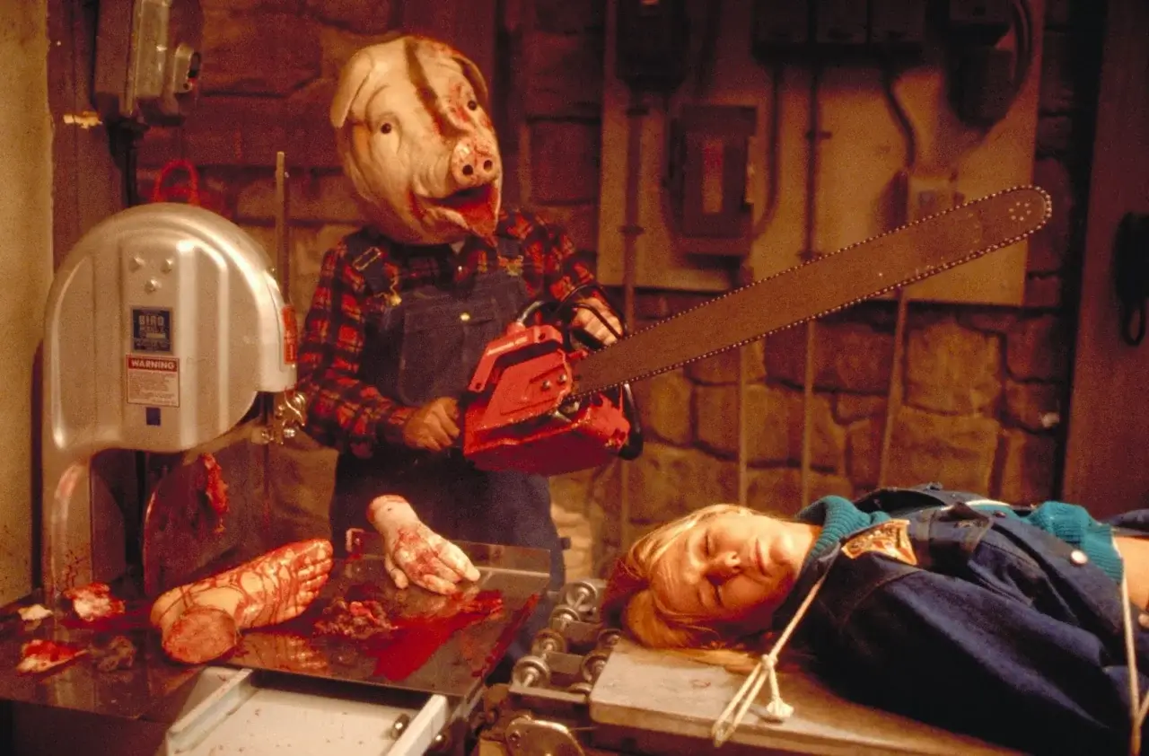 Pig head chainsaw guy in Motel Hell. 