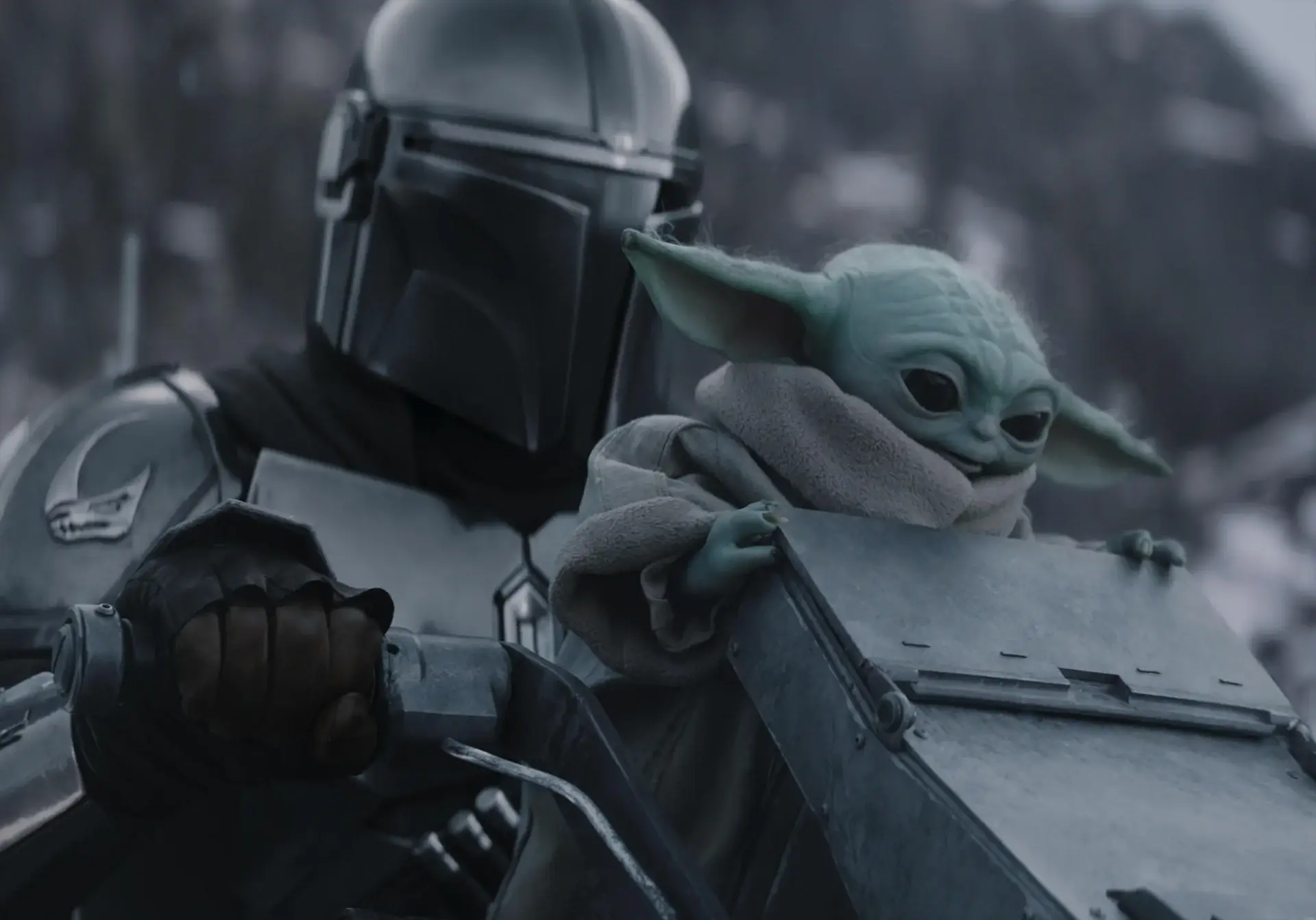Mando and Grogu on a walker.