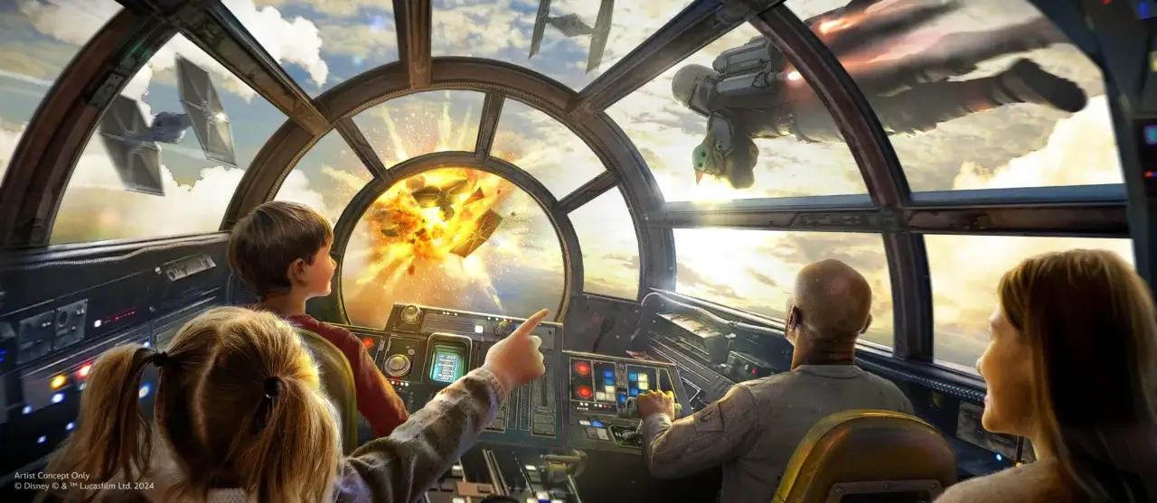 Disneyland's Millennium Falcon: Smugglers Run appearances from the Mandalorian and Grogu.