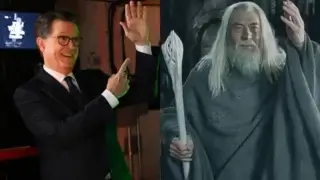 Stephen Colbert offering a high five on The Late Show with Stephen Colbert, pictured next to Ian McKellan as Gandalf the White in The Lord of the Rings: The Two Towers.