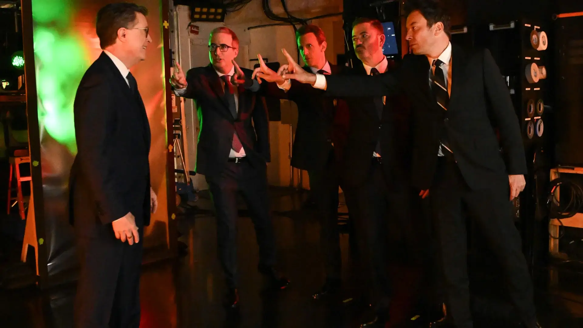 Stephen Colbert is met with fingers of support from John Oliver Seth Meyers Jimmy Kimmel and Jimmy Fallon in The Late Show with Stephen Colbert's finale.