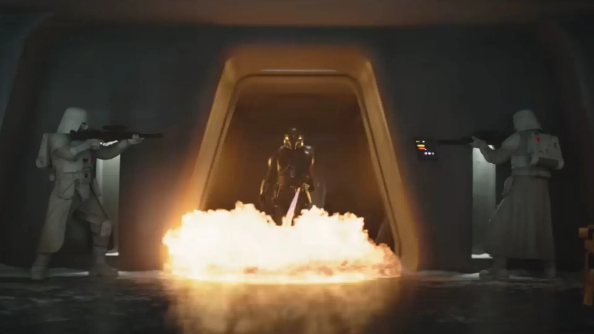 Mando ignites a flamethrower while two Imperial Snow Troopers stand guard in The Mandalorian and Grogu.