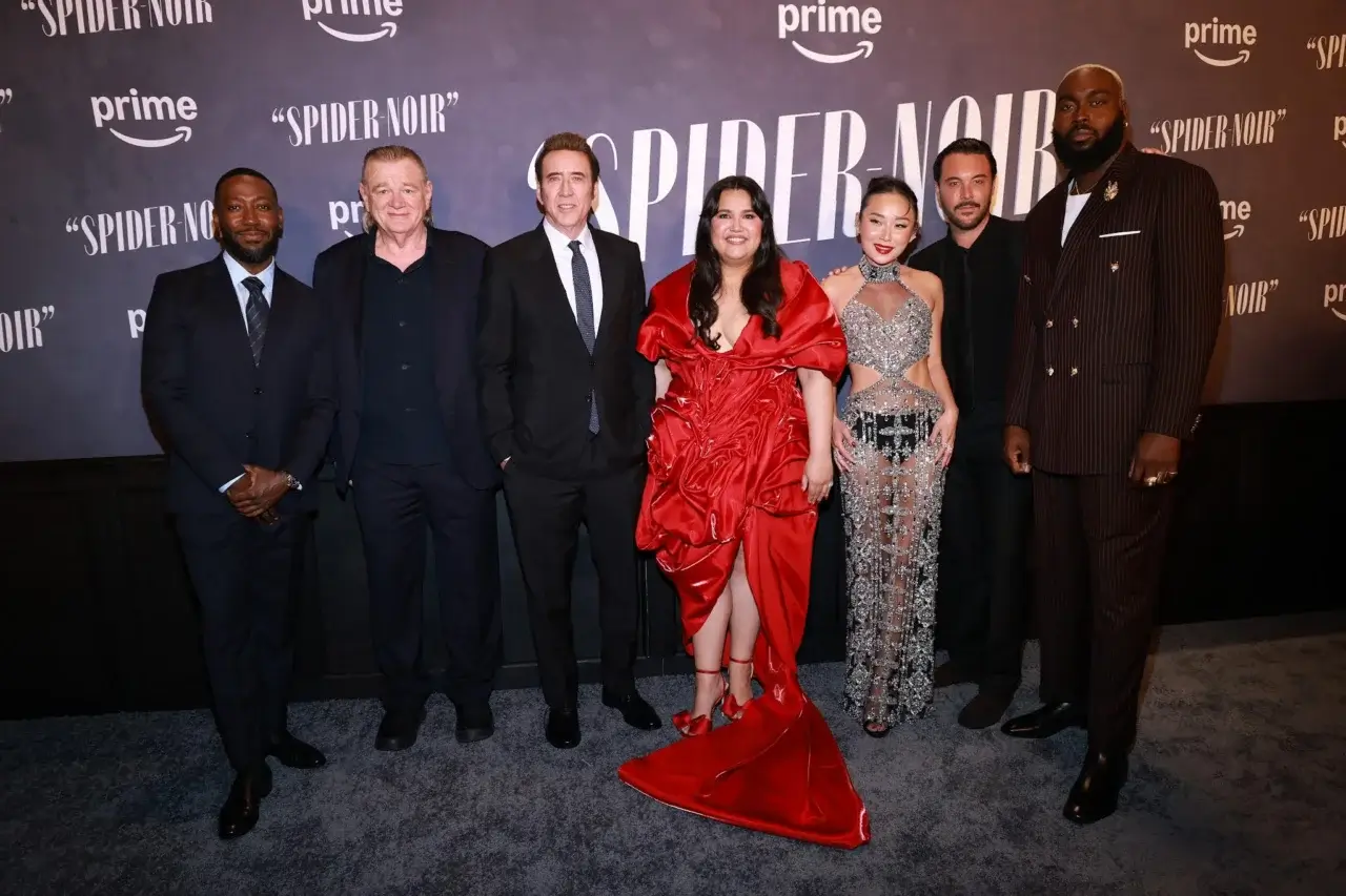 Lamorne Morris, Brendan Gleeson, Nicolas Cage, Karen Rodriguez, Li Jun Li, Jack Huston and Abraham Popoola (L-R) at the New York World Premiere of SPIDER-NOIR on May 13, 2026.