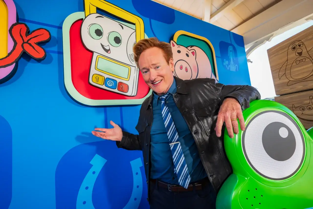 Conan O’Brien, voice of Smarty Pants, poses for a photo at Pixar Pier at Disney California Adventure park in Anaheim, Calif., on June 10, 2026. Pixar Animation Studios’ “Toy Story 5” arrives in theaters June 19, 2026. (Christian Thompson/Disneyland Resort)