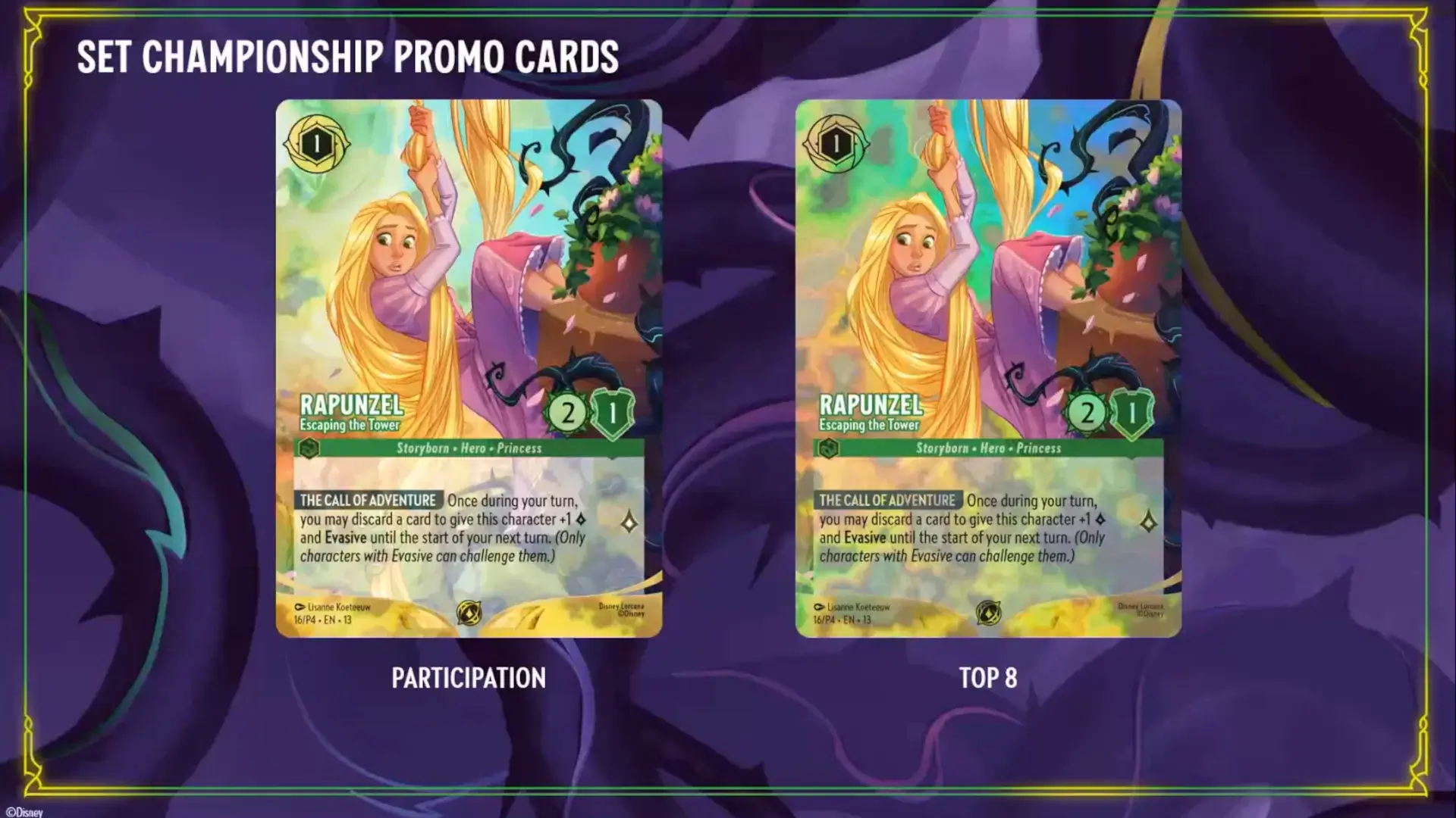The Participation and Top 8 variants of Rapunzel - Escaping the Tower - Emerald's set champs promo from Attack of the Vine.