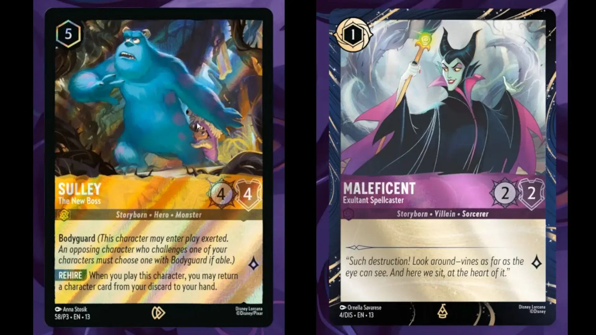 Attack of the Vine's Seasonal Promo Sulley card, shown next to Maleficent's Magical Places promo card.