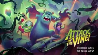 Mike, Sulley, and Boo face off against a growing threat in the Attack of the Vine set key art