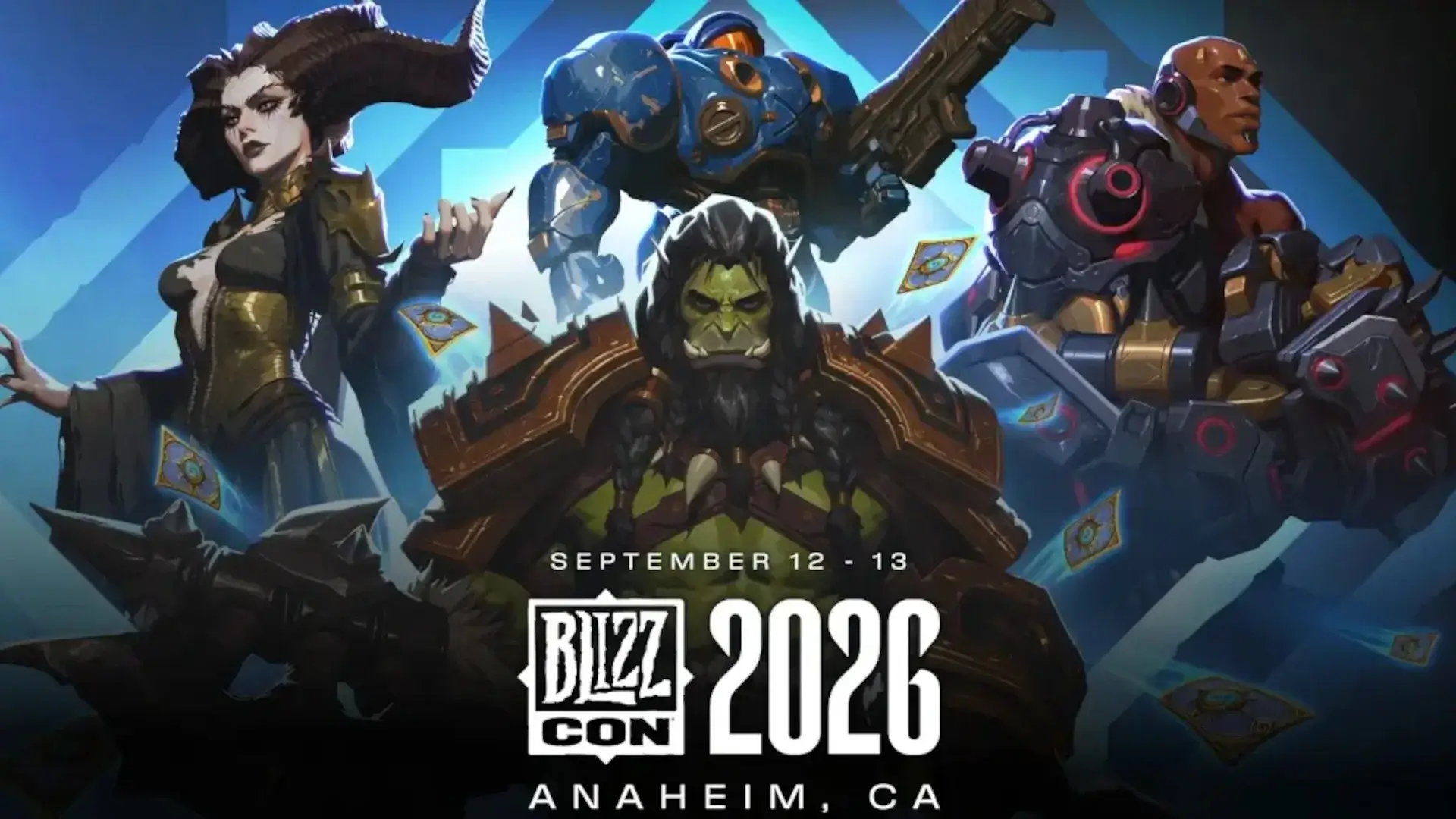 Various Blizzard Entertainment characters shown gathered together in the BlizzCon 2026 key art.