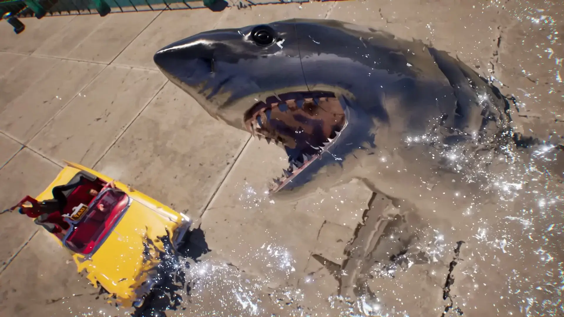 Axel watches a passenger hook a Shark with a fishing pole in the Crazy Taxi: World Tour announcement trailer.