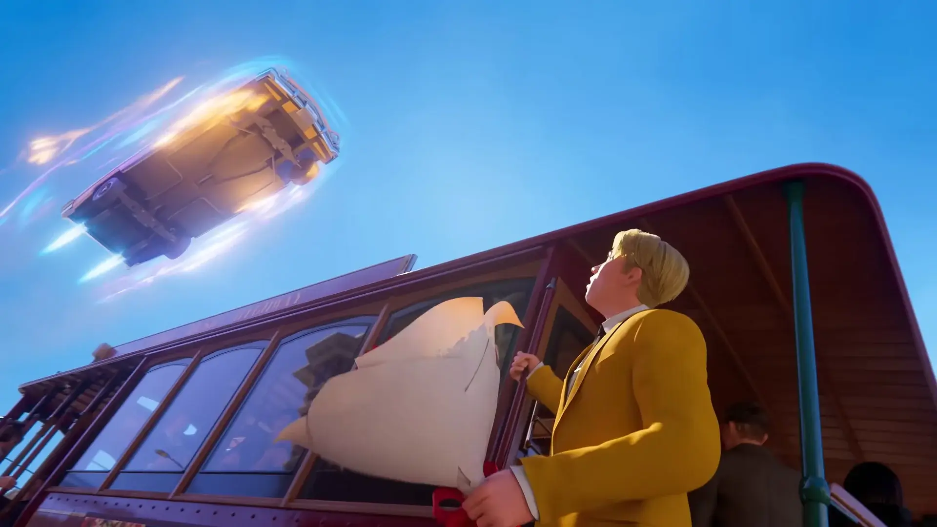 A stunned pedestrian watches Axel's taxi streak through the air above in the Crazy Taxi: World Tour announcement trailer.