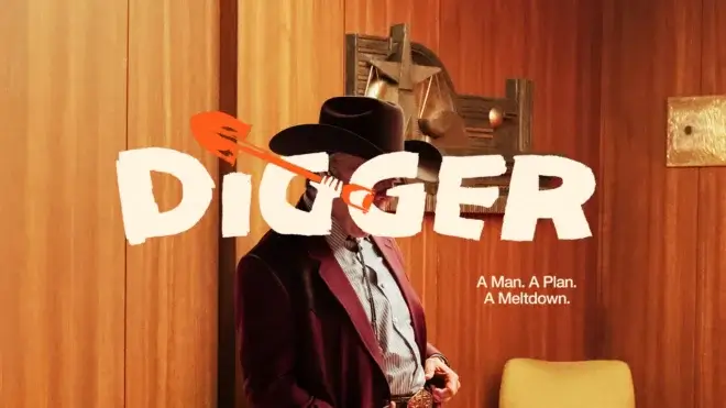 Tom Cruise strikes a wild pose in an office while the Digger logo obscures his face.